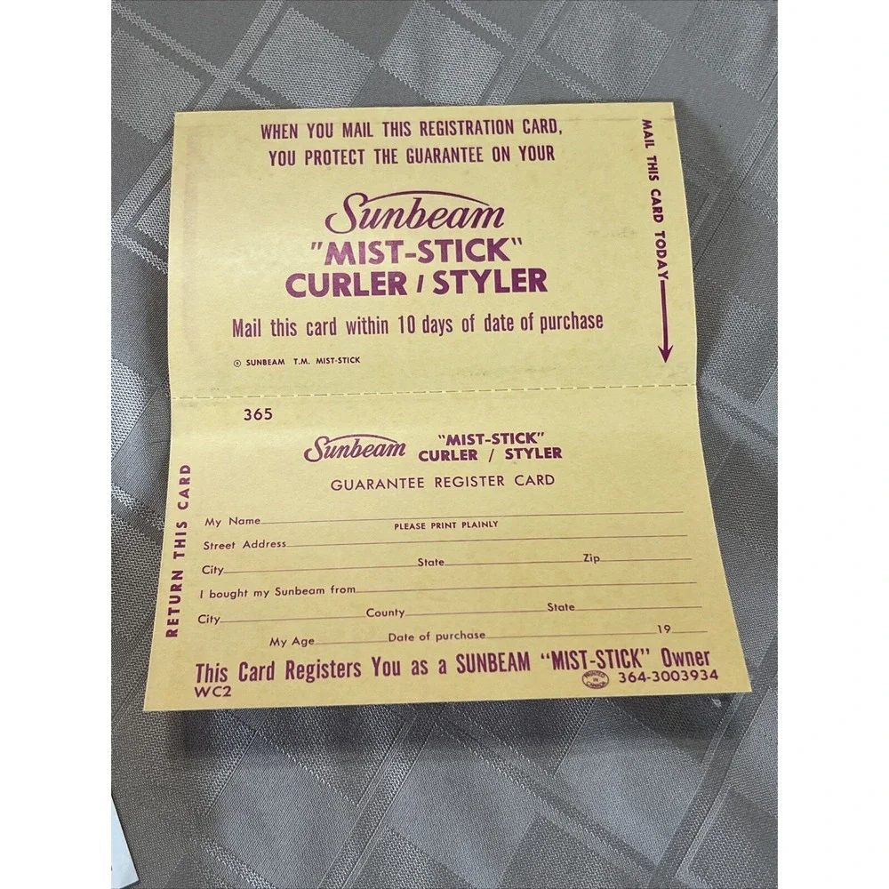 SUNBEAM MIST STICK CURLER STYLER 54-28 WC2 1973 EUC Vintage Warranty Card Tested